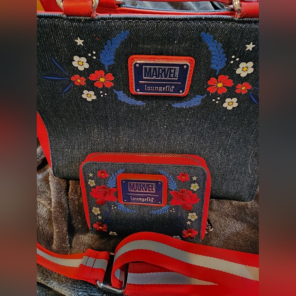 Loungefly Marvel Denim Backpack with Red Floral Accents and Matching Wallet